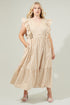 Luna Striped Fairness Taupe Poplin Surplice Midi Dress Curve